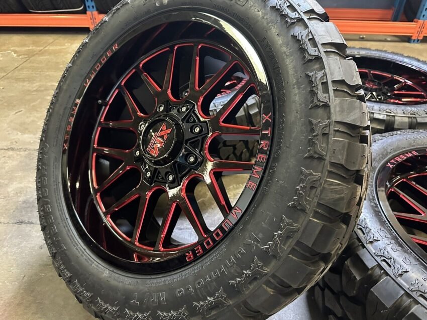 4 NEW XM WHEELS RED INLAY 6X135 FORD & GM 6X139MM 2855520 M/T TIRES -12 OFFSET